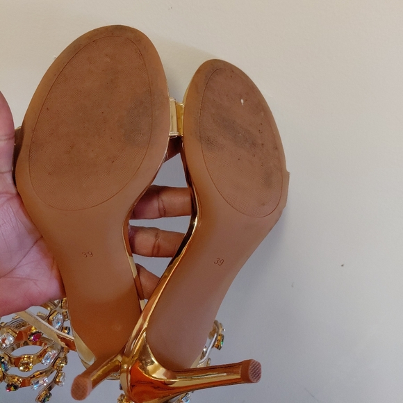 Gold Embellished Rhinestone Gladiator Heeled Sandals Size 8 - Picture 7 of 9